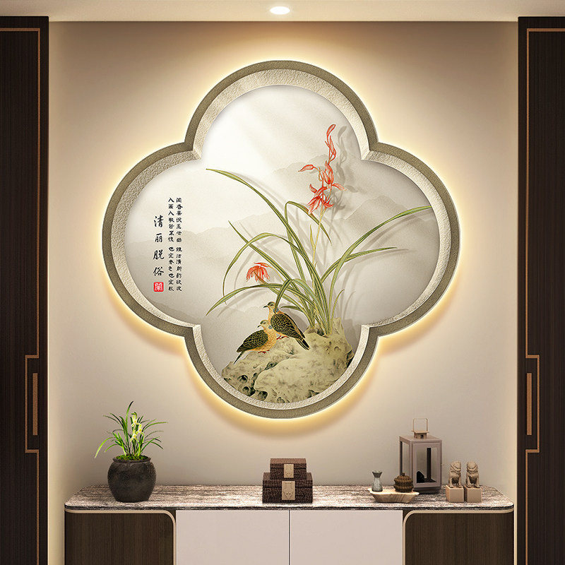 兰花鸟图入户玄关装饰画新中式梅兰竹菊茶室挂画假窗户走廊壁画灯