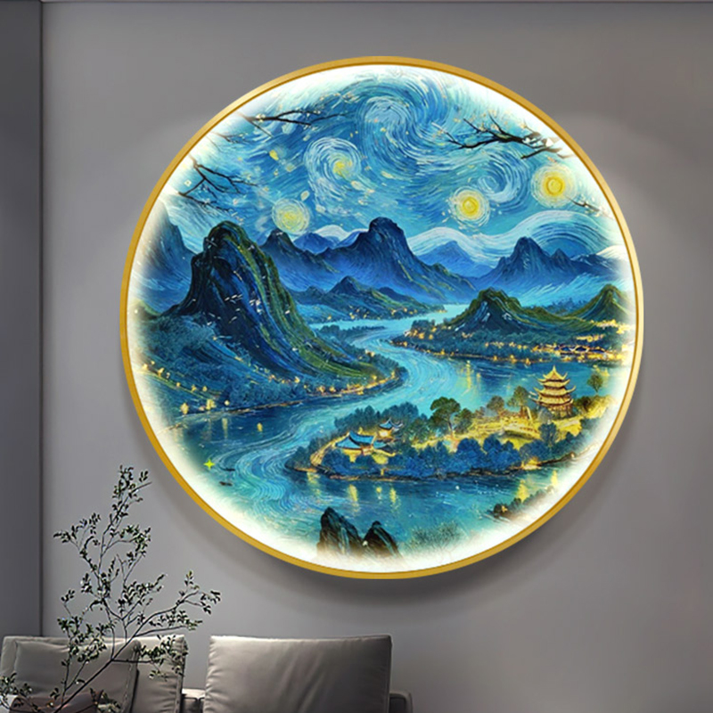 梵高复古艺术高级感走廊发光灯画法式中国风山水圆形玄关墙装饰画图片