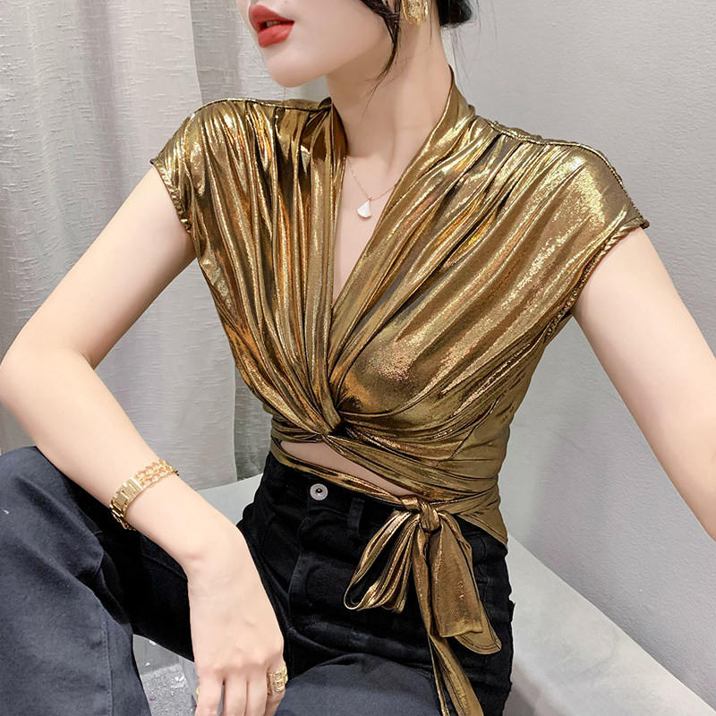 2023夏季时尚修身显瘦百搭绑带不规则短款上衣气质亮面短袖T恤女