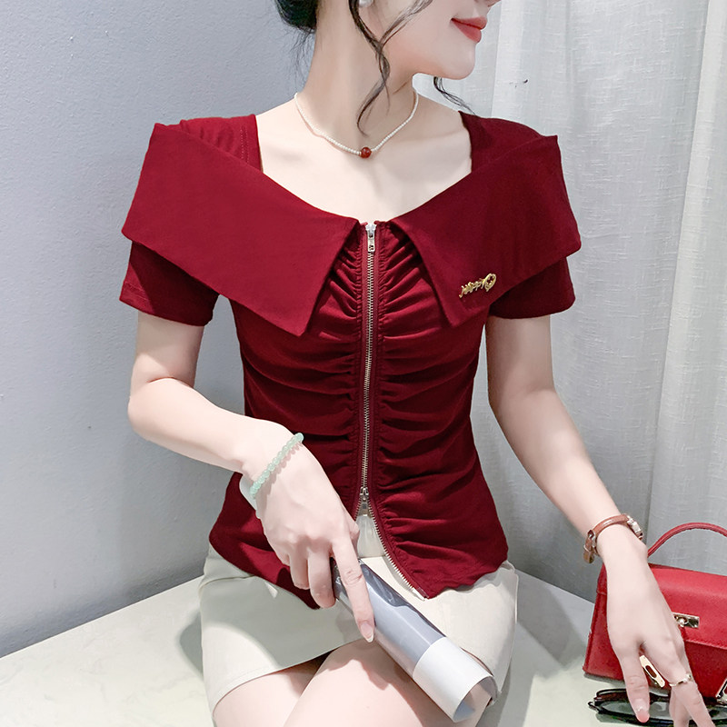 夏季气质方领荷叶边拉链短袖T恤女洋气修身显瘦百搭高档时髦上衣