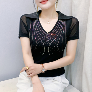 轻奢减龄时尚 百搭显瘦修身 上衣 气质V领线条烫钻网纱T恤女短袖 夏季