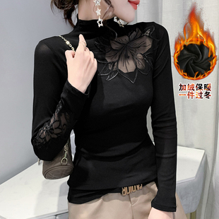 上衣加绒加厚打底衫 2023年新款 修身 t恤女时尚 潮 网纱蕾丝花边长袖