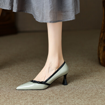 2023秋季新款尖头高跟鞋女蝴蝶结浅口单鞋小跟灰色漆皮女鞋子