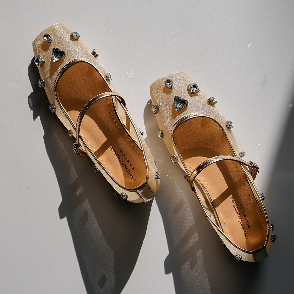 小众内增高水钻网纱浅口单鞋女法式方头一字带玛丽珍鞋时尚名媛风