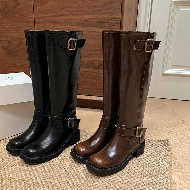 靴子女长筒靴秋冬新款方头不过膝骑士靴复古风西部靴擦色高筒长靴