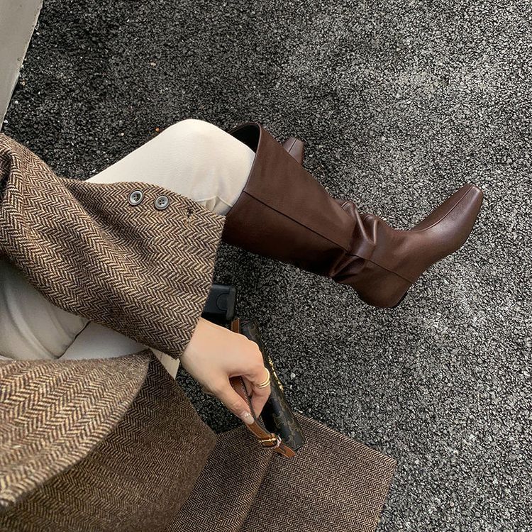 长靴子女不过膝骑士方头内增高百搭2024新款秋冬季今年流行黑棕色