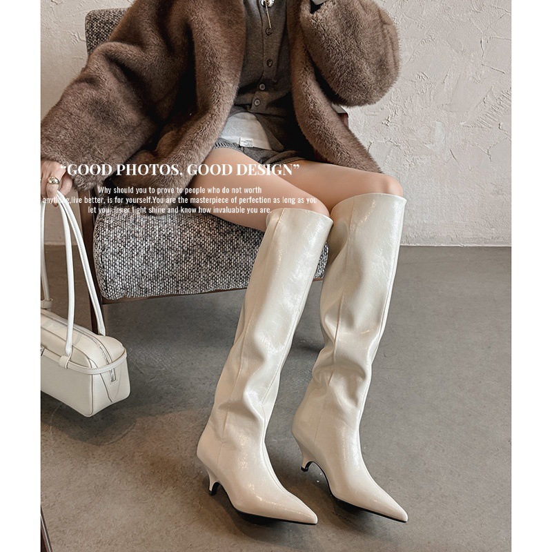 软皮堆堆靴女高筒靴尖头细跟高跟长靴显瘦米白色不过膝长筒瘦瘦靴