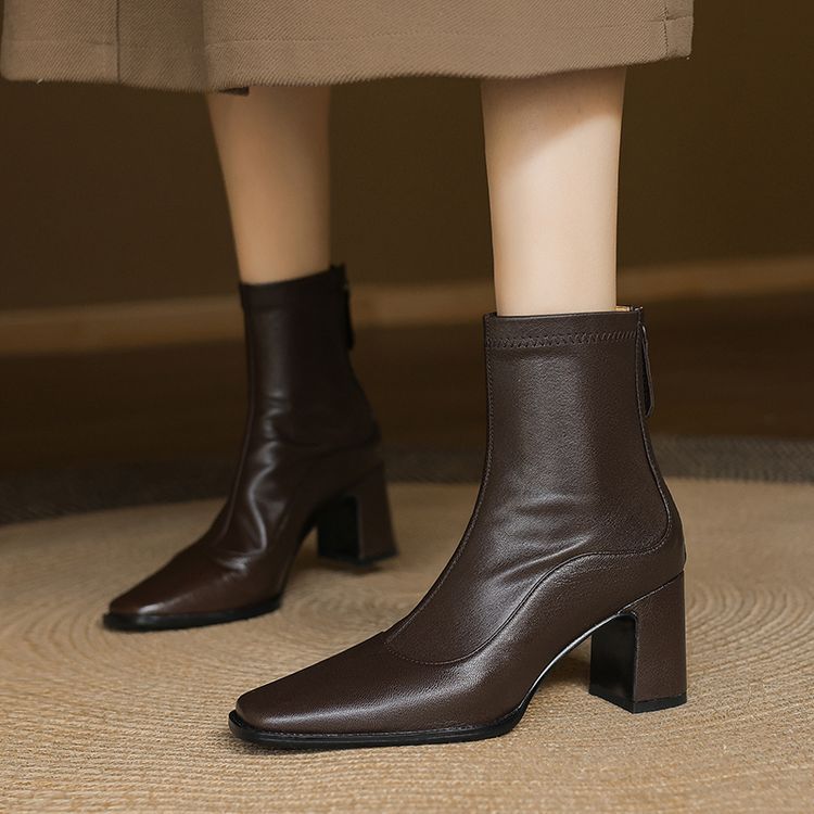 美拉德~超软小羊皮~法式真皮方头短靴2024秋冬新款粗跟高跟女靴子