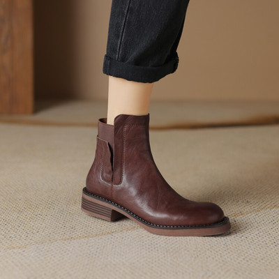 真皮平底切尔西靴女粗跟2023秋冬新款低筒短靴圆头百搭及踝配裙子