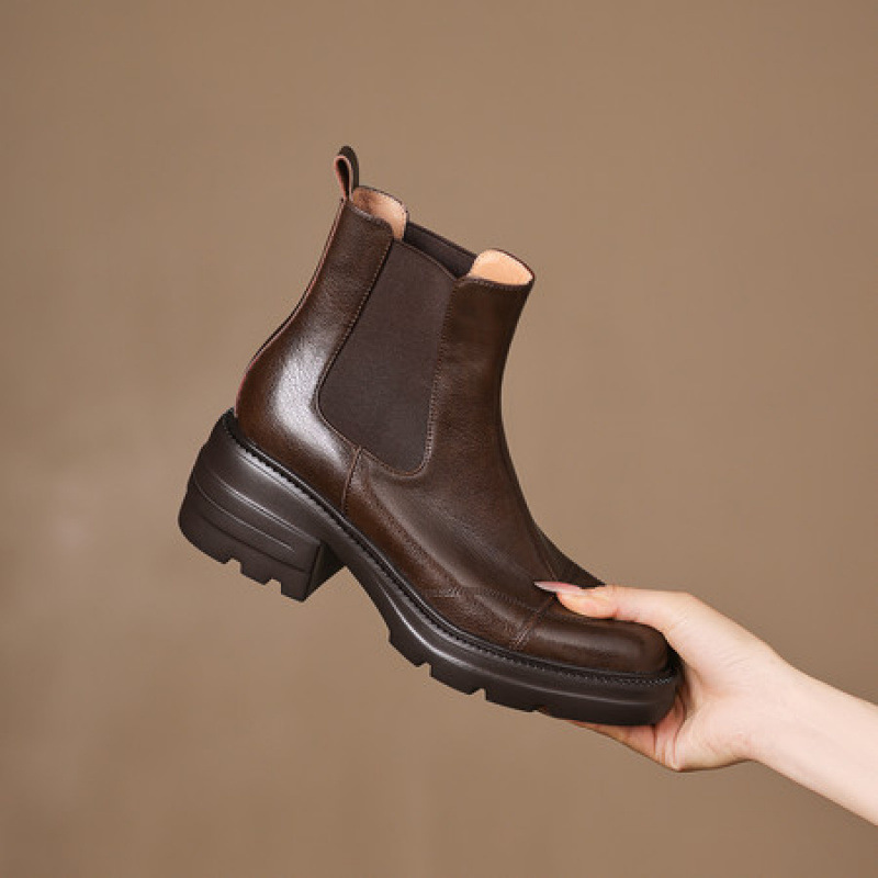 6cm英伦风厚底切尔西靴女真皮粗跟瘦瘦靴2025新款秋冬季高跟短靴