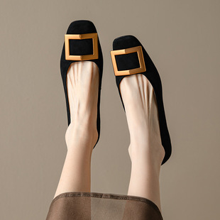 法式复古金属方扣平底鞋女2023新款方头软底单鞋豆豆鞋通勤工作鞋