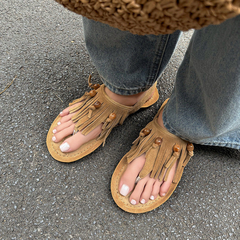 2025年新款夏季外穿洋气真皮平底夹脚流苏人字凉拖鞋女夹趾鞋大码,女鞋,马丁靴,淘宝优惠券,粉丝福利购,淘宝优惠卷