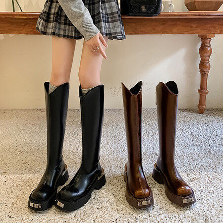 不过膝高筒靴女粗跟松糕底复古长靴女厚底真皮骑士靴金属扣及膝靴,居家布艺,居家婚庆拖鞋,淘宝优惠券,粉丝福利购,淘宝优惠卷