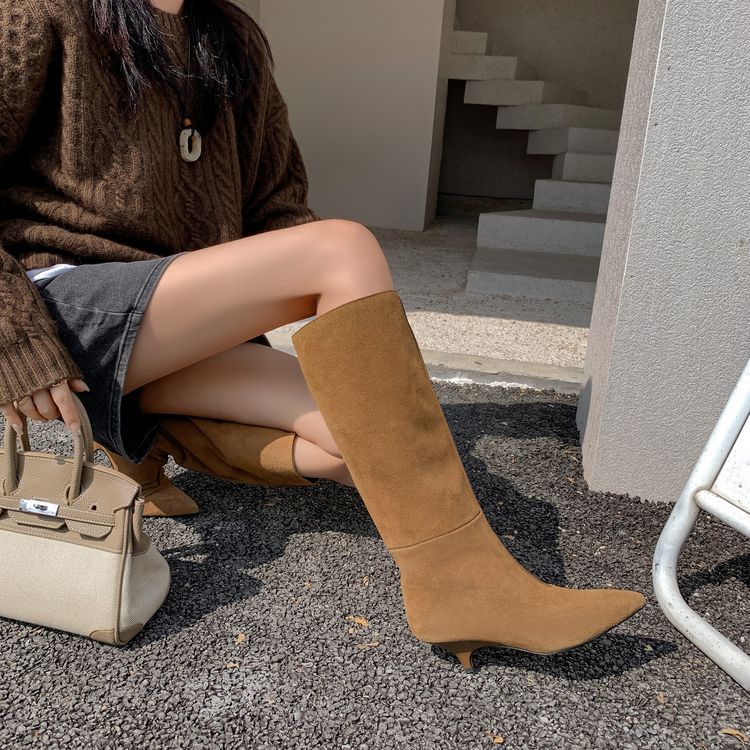 气质尖头猫跟长筒靴女真皮不过膝高筒靴美拉德棕色长靴显瘦直筒靴