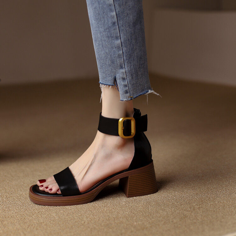 ~复古罗马风~2025夏休闲一字带粗跟女凉鞋金属扣脚环绕带中高跟鞋,运动/瑜伽/健身/球迷用品,广场舞鞋,淘宝优惠券,粉丝福利购,淘宝优惠卷