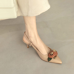 包头凉鞋女夏高跟鞋细跟尖头花朵树叶蝴蝶结一字扣带法式后空