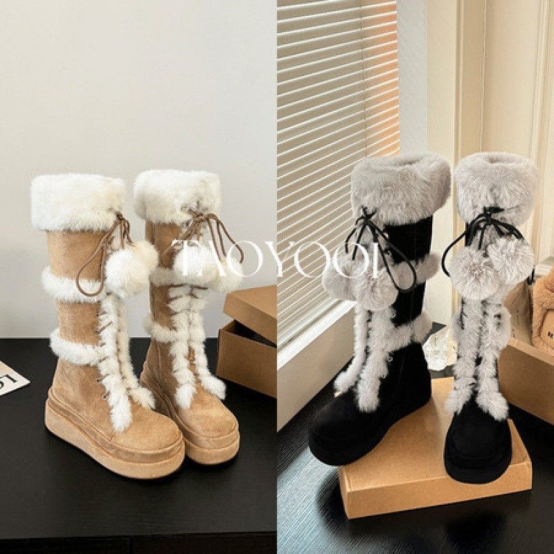 2025雪地撒欢~厚底雪地靴女加绒羊羔毛长靴小个子增高保暖棉鞋