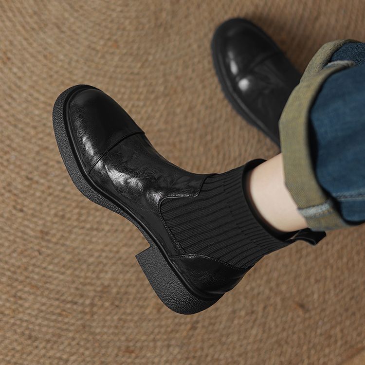 2024新款粗跟短靴瘦腿弹力针织靴子女款短靴真皮大码女靴41到43绒