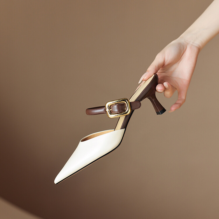 休闲新款外穿牛皮尖头高跟鞋拼色包头一字带半拖细跟中跟凉拖鞋女