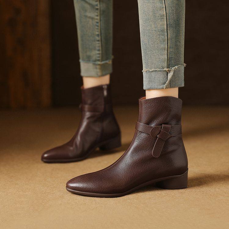 手工女鞋~3cm中跟复古侧拉链羊皮靴子女秋冬季新款坡跟短靴绒里皮