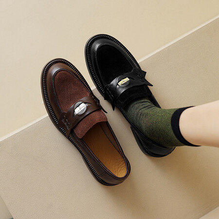 真皮金币乐福鞋女2025新款复古风一脚蹬懒人单鞋英伦风粗跟小皮鞋,女鞋,马丁靴,淘宝优惠券,粉丝福利购,淘宝优惠卷