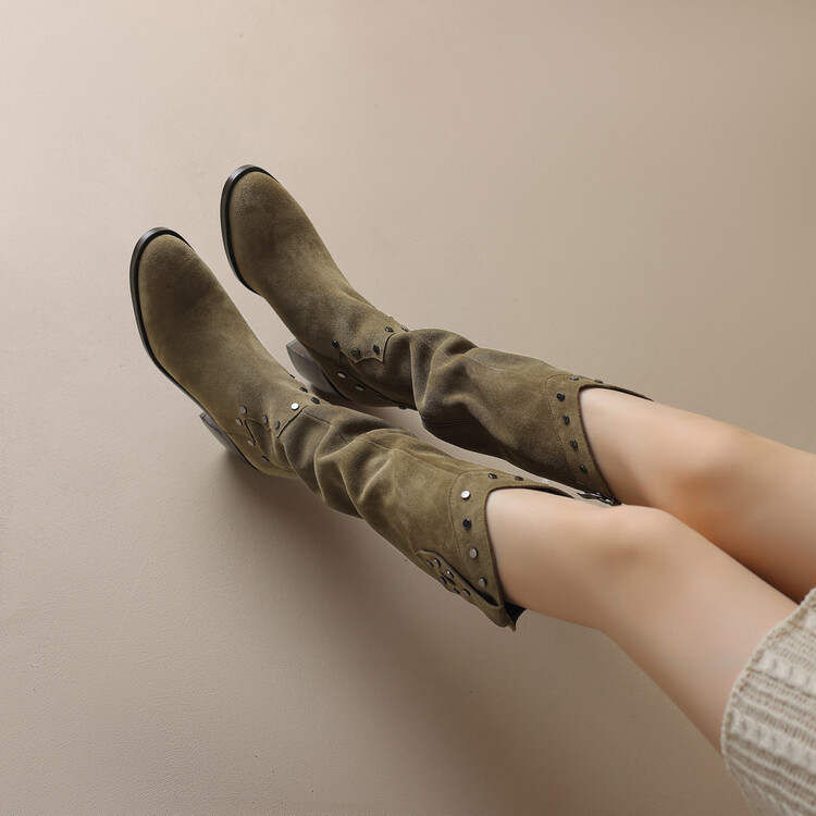 高筒复古V口西部牛仔堆堆靴女尖头粗跟高跟真皮2024新款长靴绒里~