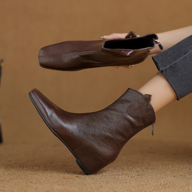 7cm羊皮内增高短靴女复古方头软皮瘦瘦靴2024新款红色气质马丁靴~