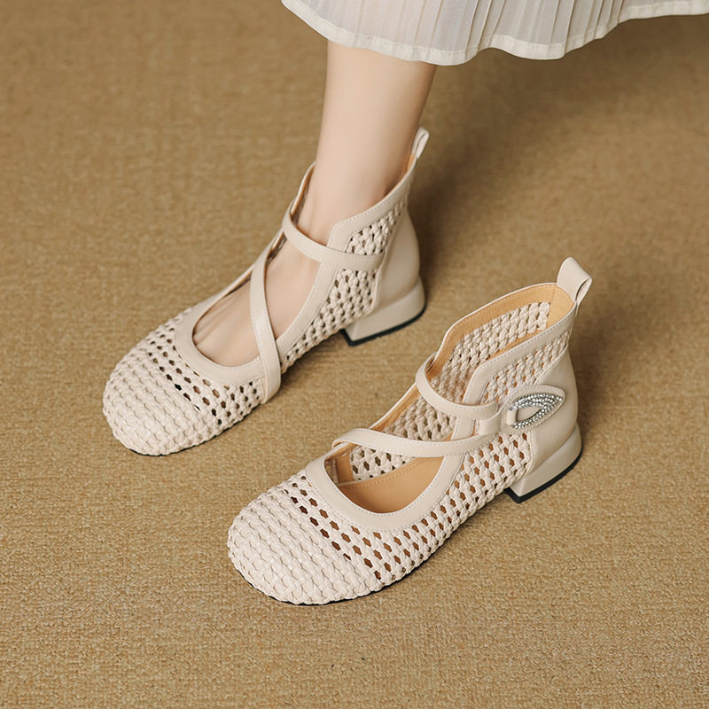 2025夏季女款凉靴韩版粗跟复古凉鞋大码杏色编织凉鞋罗马风高跟鞋,运动/瑜伽/健身/球迷用品,广场舞鞋,淘宝优惠券,粉丝福利购,淘宝优惠卷