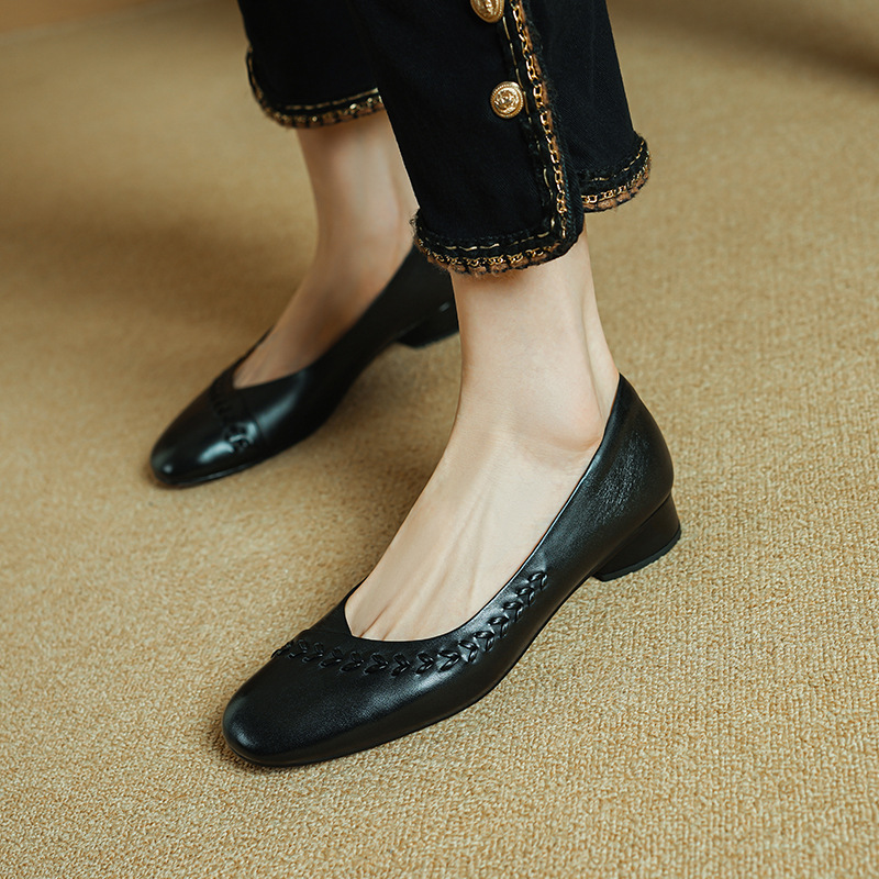 复古风编织3cm粗跟低跟通勤百搭方头单鞋女法式纯色玛丽珍小皮鞋
