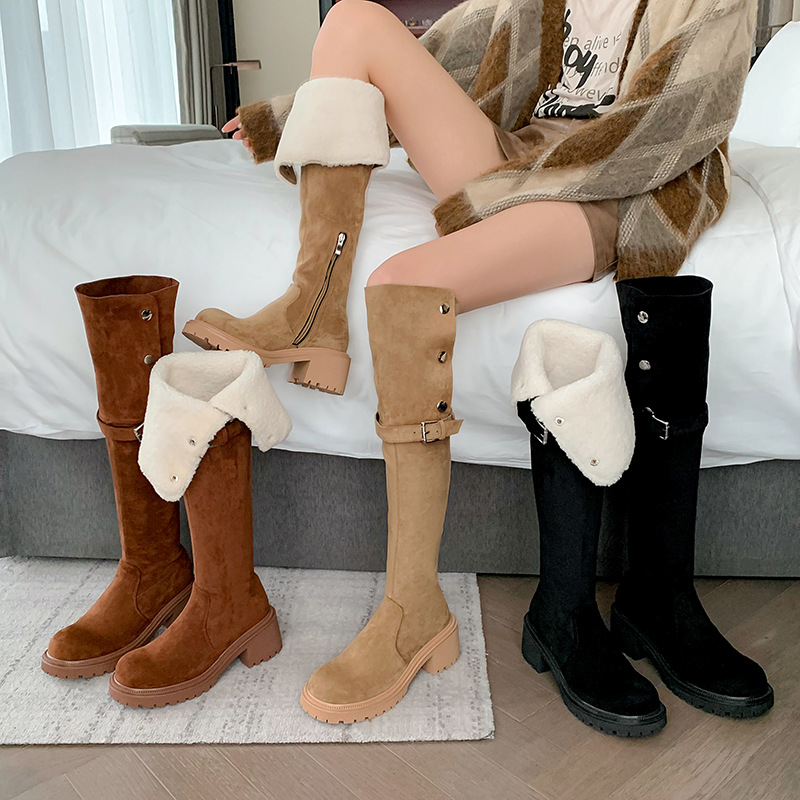 复古两穿翻折厚底西部靴秋冬新款麂皮绒长筒靴粗跟过膝长靴骑士靴