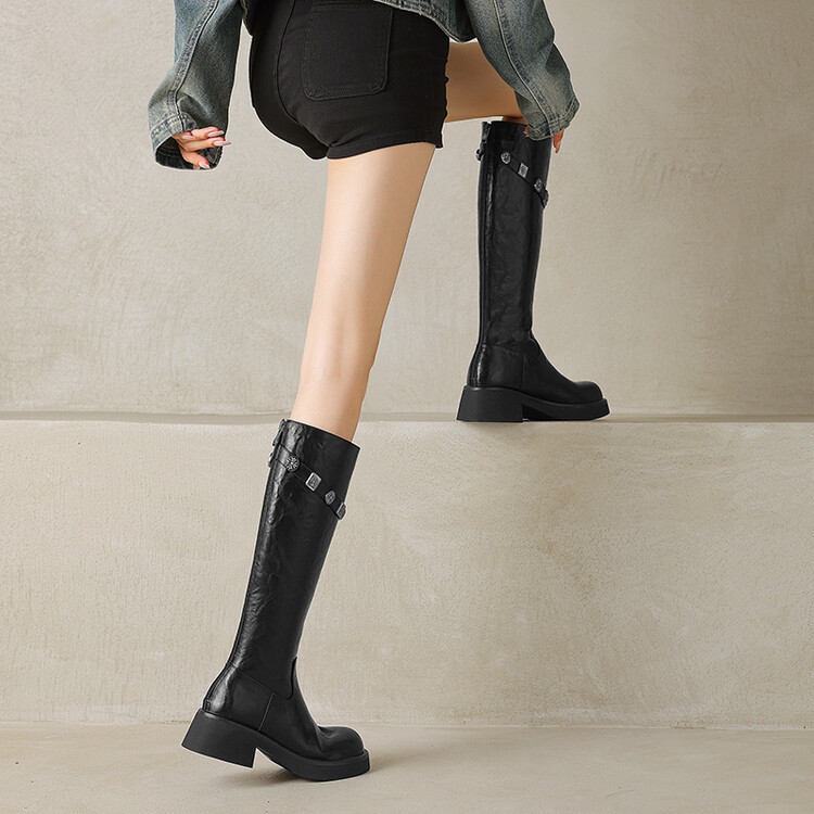 靴子长筒靴女中跟粗跟高筒骑士靴厚底不过膝长靴春秋显瘦增高真皮