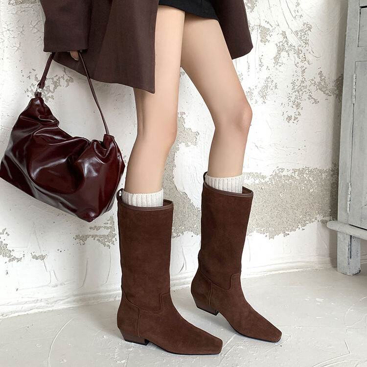 真皮法式小方头翻毛皮粗跟西部靴美拉德长靴宽筒平口棕色长筒靴女