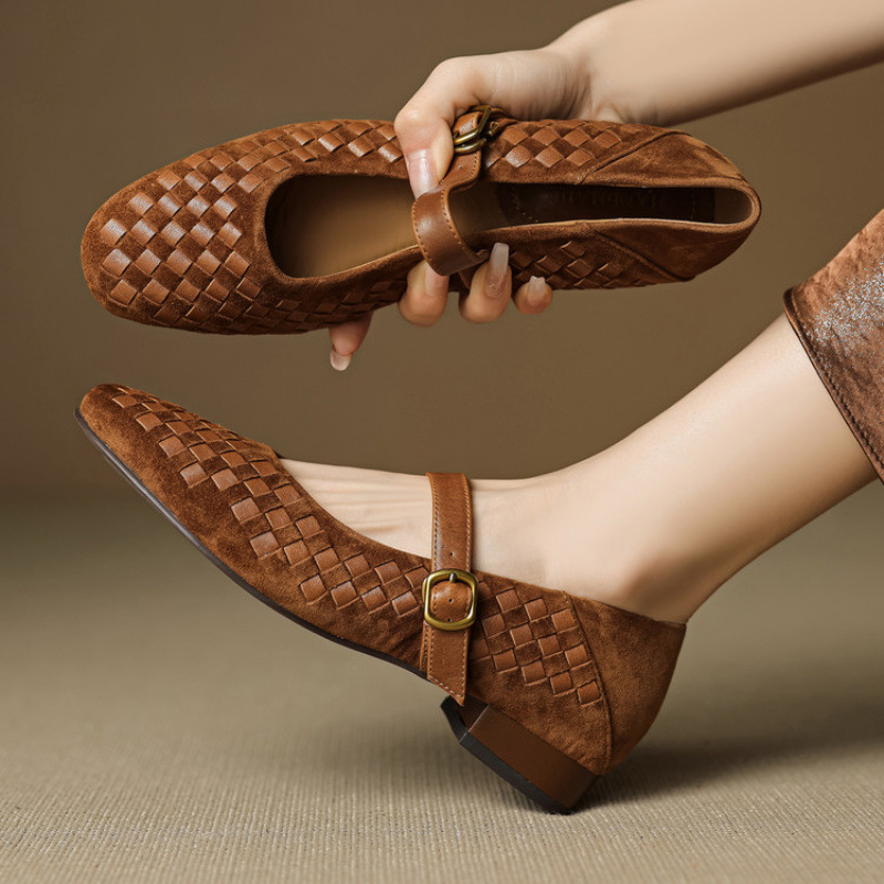 法式复古编织磨砂羊皮低跟单鞋女圆头浅口小皮鞋一字带玛丽珍鞋