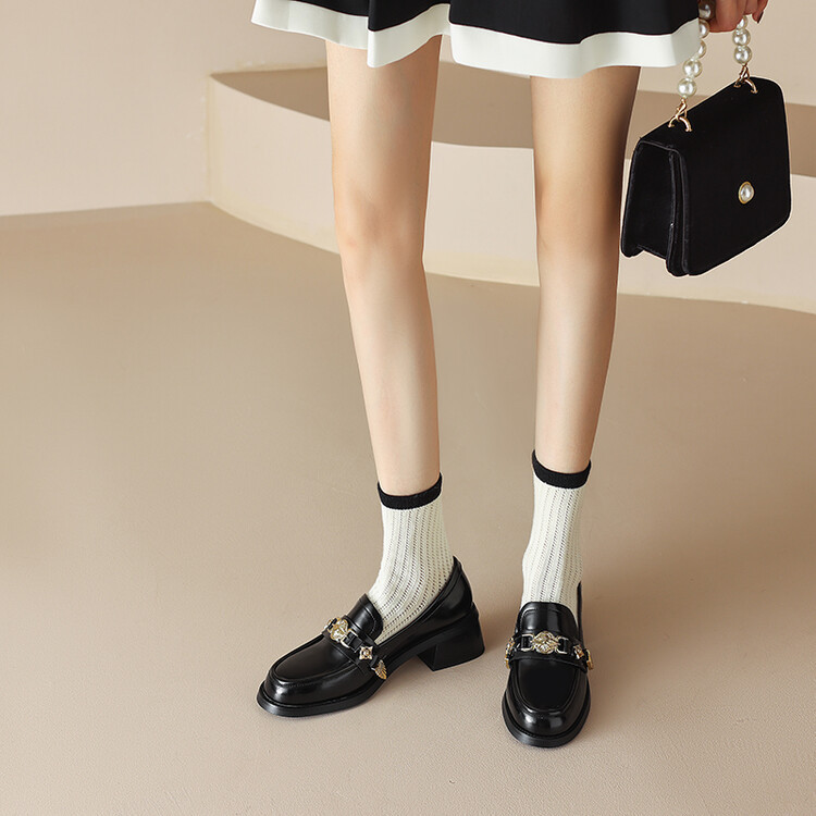 圆头粗跟中跟真皮金属扣乐福鞋女法式复古大码小皮鞋ins时尚单鞋~