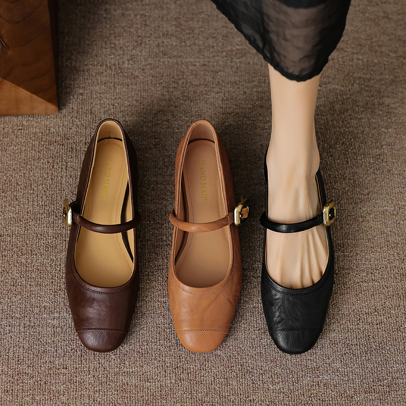24法式软羊皮内增高中跟小皮鞋女春秋圆头浅口单鞋一字带玛丽珍鞋
