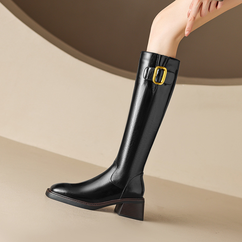 全真皮粗跟高筒骑士靴女2023新款英伦风长筒靴皮带扣不过膝长靴子