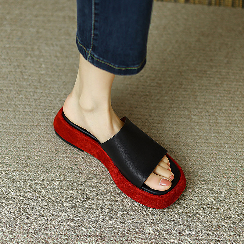 时尚外穿厚底罗马女拖鞋复古真皮一字型凉拖坡跟平底拼色露趾凉鞋,童鞋/婴儿鞋/亲子鞋,帆布鞋,淘宝优惠券,粉丝福利购,淘宝优惠卷