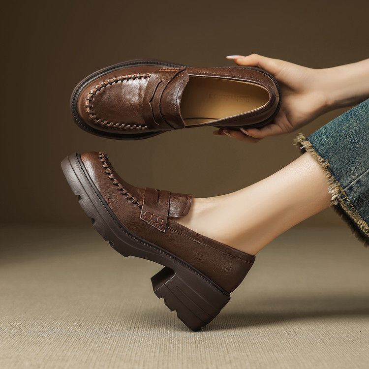 法式深口单鞋女春秋厚底编织圆头中跟粗跟真皮高跟乐福鞋小皮鞋,运动/瑜伽/健身/球迷用品,广场舞鞋,淘宝优惠券,粉丝福利购,淘宝优惠卷