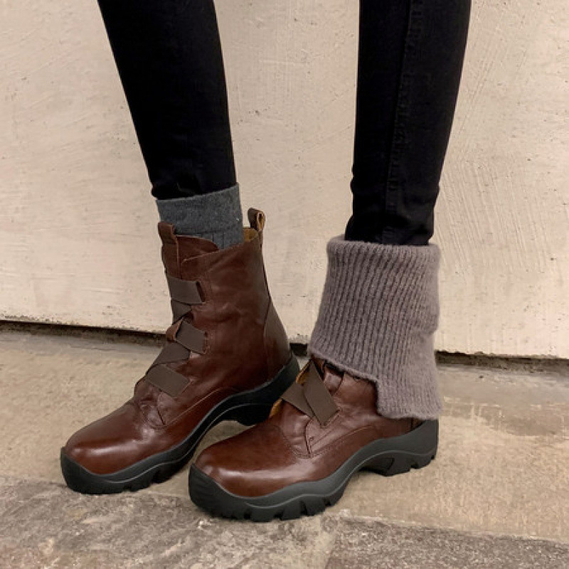 短靴子女巨好看的马丁靴气质加绒2025新款冬松糕厚底魔术贴黑棕色