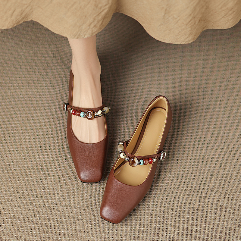 度假风拼色串珠一字带玛丽珍小皮鞋法式小羊皮2cm低跟浅口单鞋女