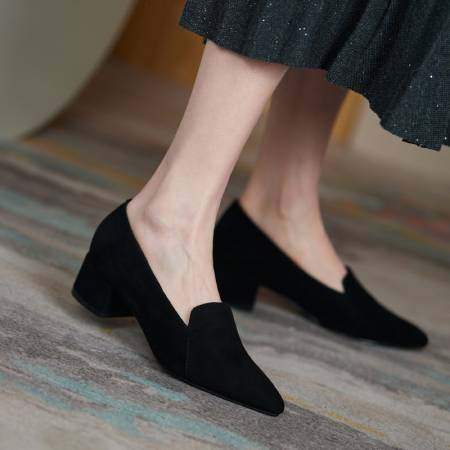 黑色粗跟单鞋女绒面春秋中跟磨砂皮低跟乐福鞋浅口平底工作鞋新款,女鞋,马丁靴,淘宝优惠券,粉丝福利购,淘宝优惠卷