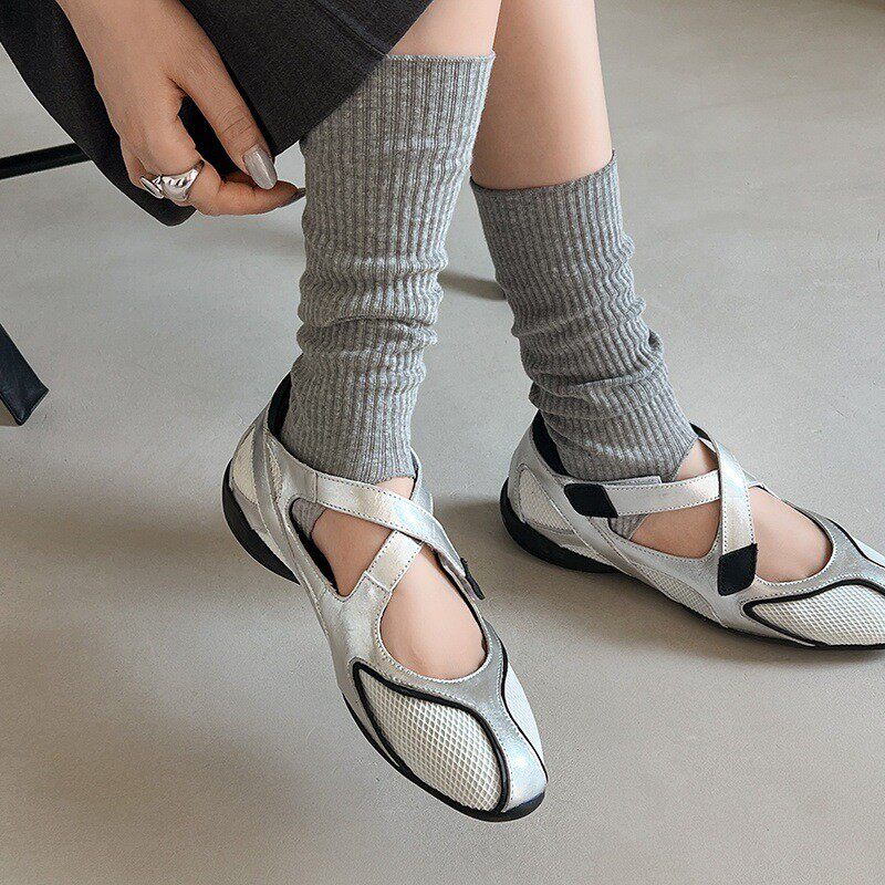 2025年夏新款真皮网面透气平底浅口玛丽珍鞋女外穿魔术贴休闲单鞋