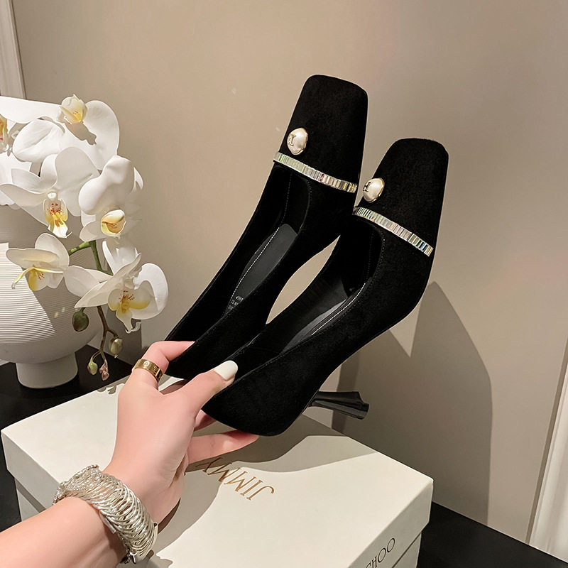 气质名媛方头高跟鞋女2024新款春秋羊皮珍珠水钻单鞋配裙子不累脚,女鞋,马丁靴,淘宝优惠券,粉丝福利购,淘宝优惠卷