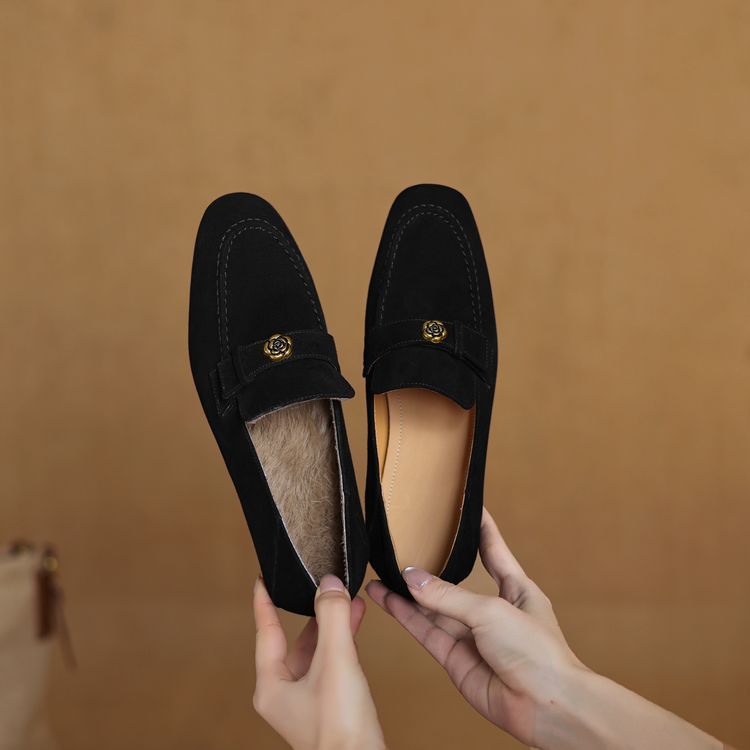 英伦乐福鞋女平底磨砂2024新款秋冬今年流行的百搭小皮单鞋山茶花