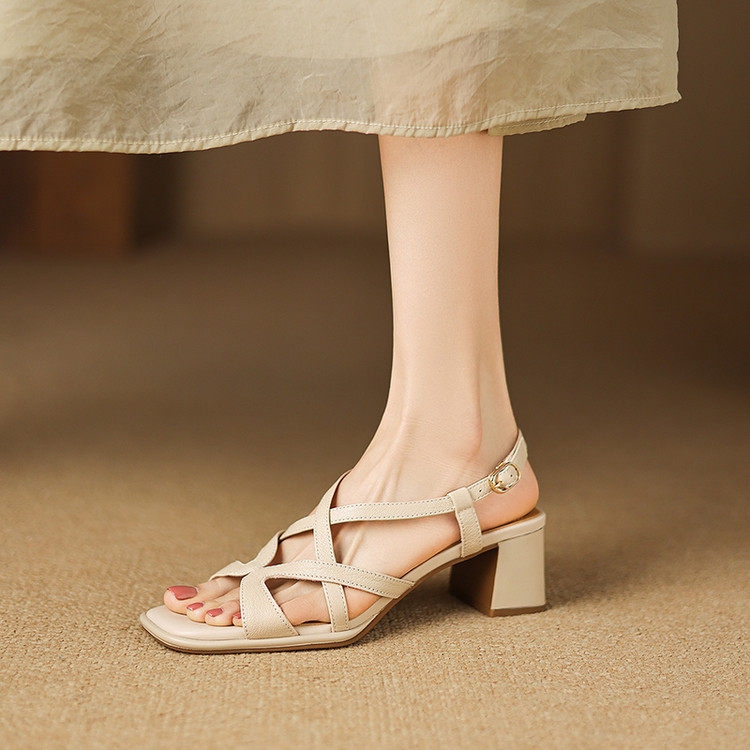 5.5cm粗跟羊皮交叉镂空方头露趾凉鞋女夏真皮后绊带高跟罗马凉鞋~,居家布艺,居家婚庆拖鞋,淘宝优惠券,粉丝福利购,淘宝优惠卷