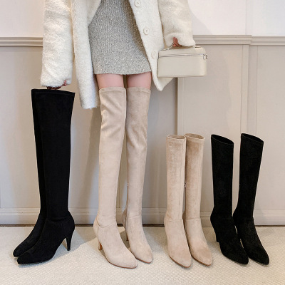 韩系博主~过膝长靴女2025年新款尖头高跟瘦瘦靴大筒围纯色长筒靴
