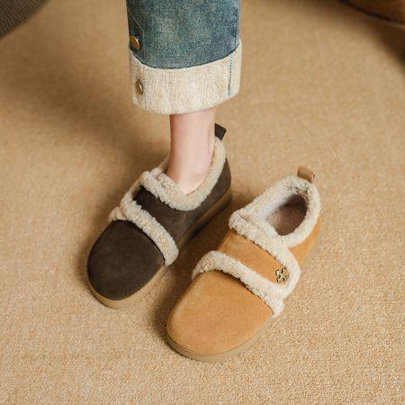 魔术贴圆头平底勃肯羊羔毛雪地鞋2024冬保暖舒适一脚蹬复古毛毛鞋,女鞋,马丁靴,淘宝优惠券,粉丝福利购,淘宝优惠卷