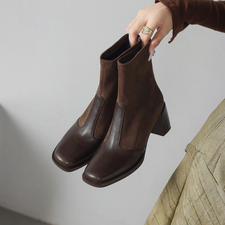 翻毛皮短靴女春秋单靴方头高跟靴粗跟真皮棕色加绒瘦瘦弹力靴女,运动/瑜伽/健身/球迷用品,广场舞鞋,淘宝优惠券,粉丝福利购,淘宝优惠卷