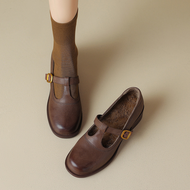 2023冬季新款毛毛鞋鞋复古粗跟加绒小皮鞋T字带兔毛乐福鞋玛丽珍