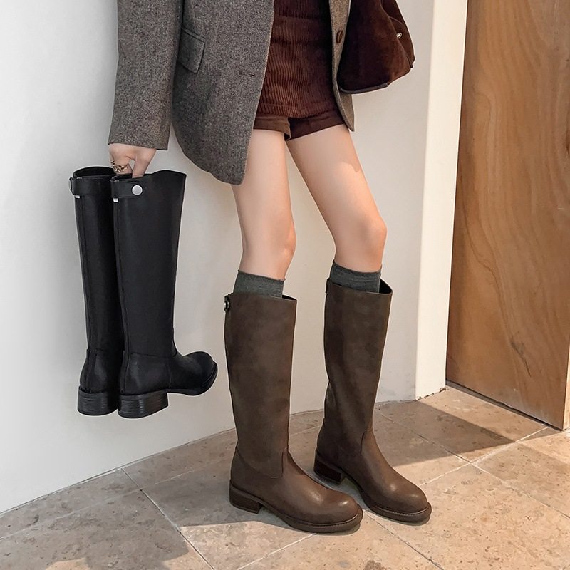 修饰腿型2025超火长筒靴女真皮法式粗跟胖mm宽筒显瘦棕色女骑士靴,运动/瑜伽/健身/球迷用品,广场舞鞋,淘宝优惠券,粉丝福利购,淘宝优惠卷